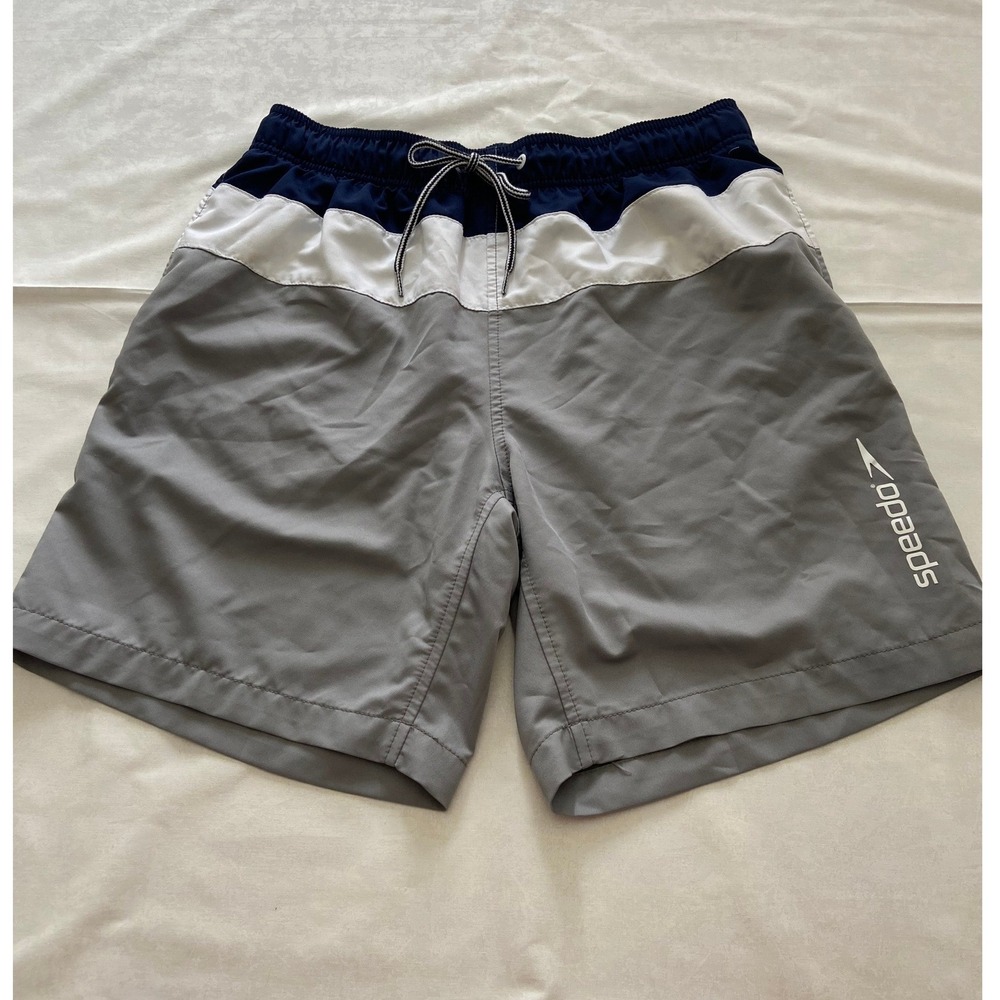 Speedo Mens Swim Suit Navy White Gray Colorblock Elastic Waist Drawstring Size M